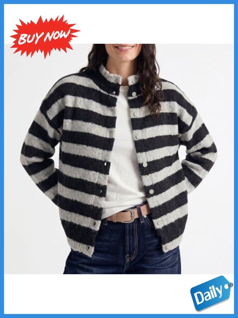 Women's Striped Button Down Cardigan Long Sleeve Knit Sweater - Picture 5 of 6